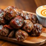 "Korean BBQ meatballs with spicy mayo dip on a platter