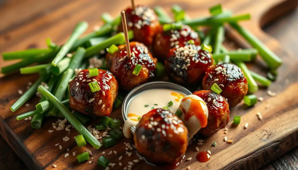 Korean BBQ meatballs with spicy mayo dip on a platter Korean BBQ meatballs with spicy mayo dip on a platter