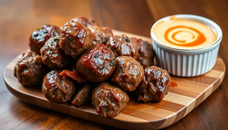 "Korean BBQ meatballs with spicy mayo dip on a platter