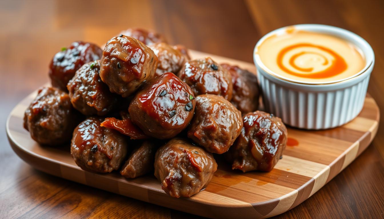 "Korean BBQ meatballs with spicy mayo dip on a platter