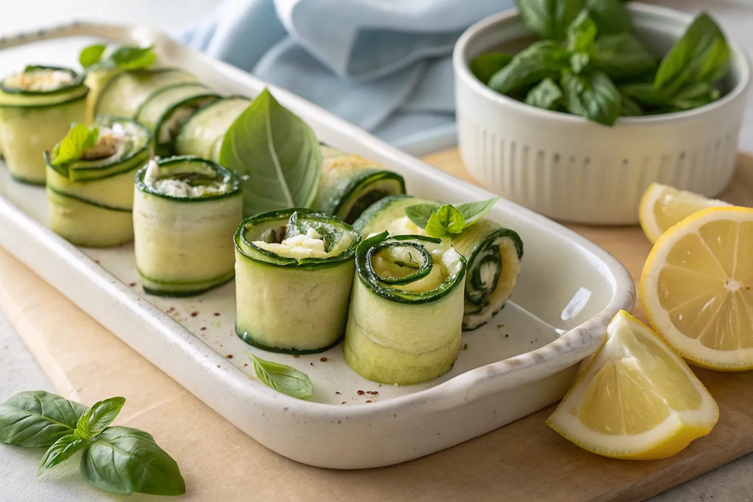courgette roll recipe on white plate with basil