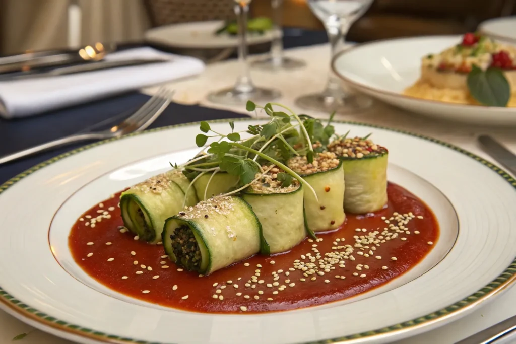 courgette rolls served with tomato sauce