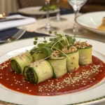 courgette rolls served with tomato sauce