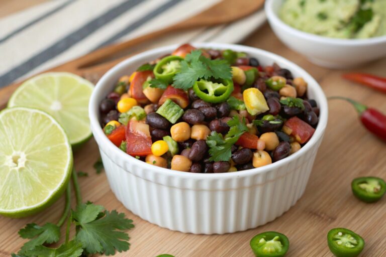 Spicy southwest dense bean salad recipe served in white bowl