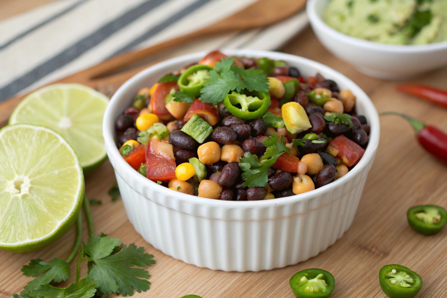 Spicy southwest dense bean salad recipe served in white bowl