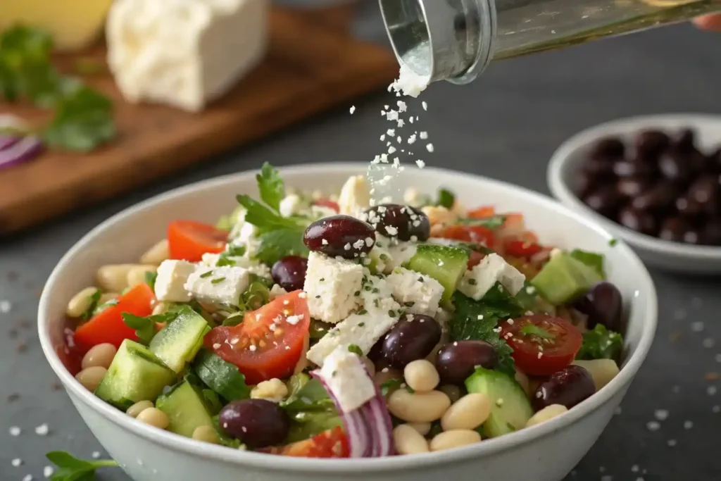 Mediterranean bean salad with olives and feta