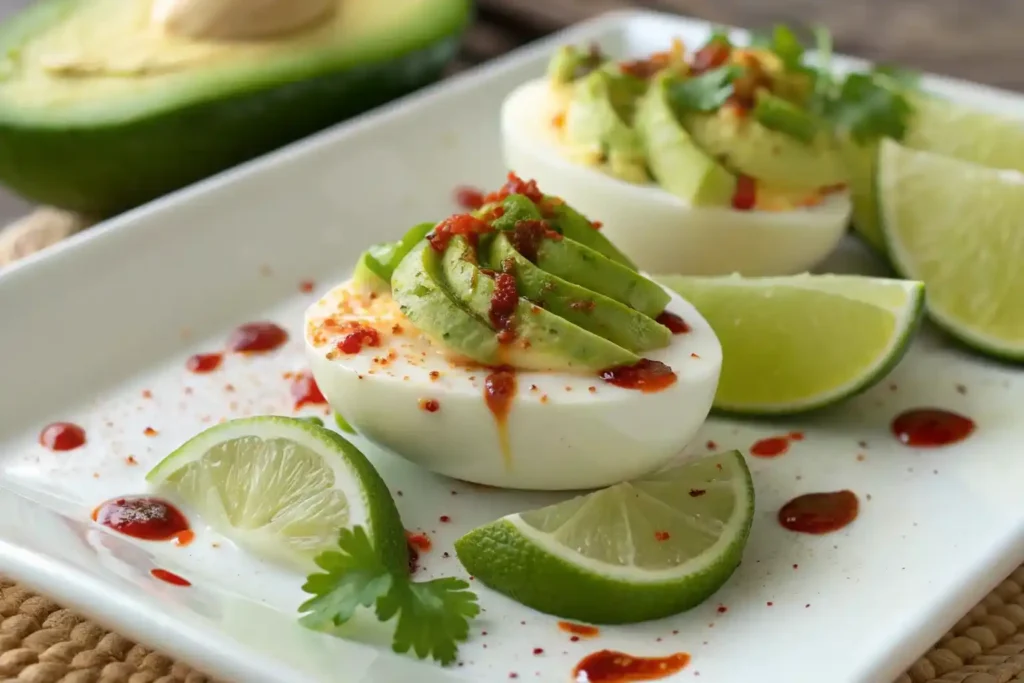Deviled egg with avocado and chili oil