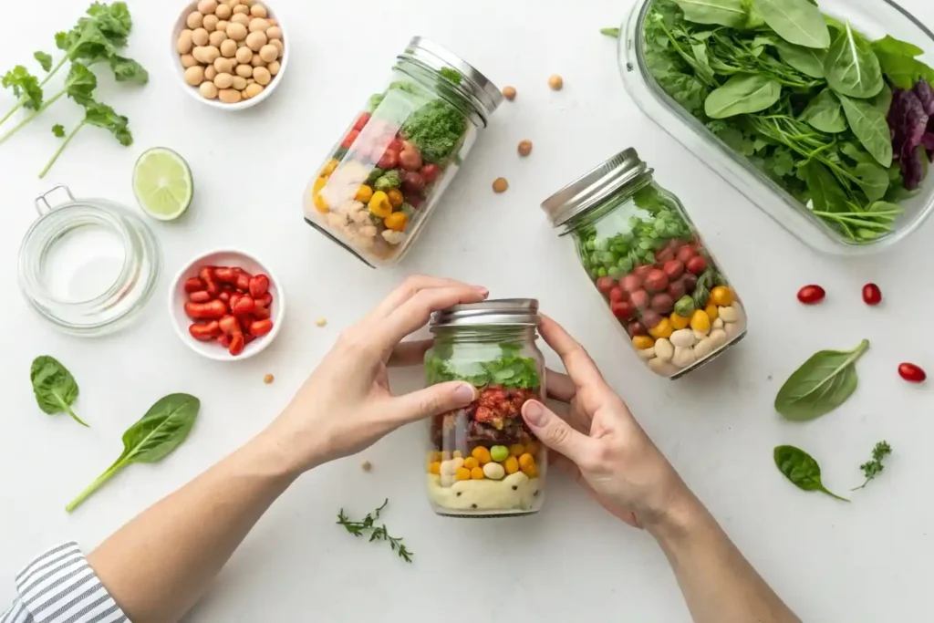 Hands building mason jar dense bean salads for meal prep