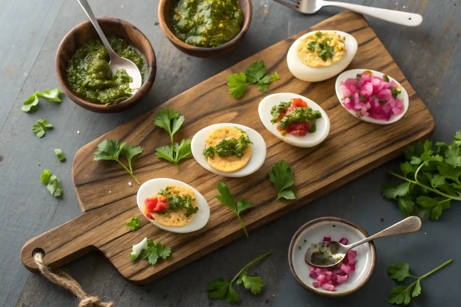 Boiled egg flight board with creative toppings