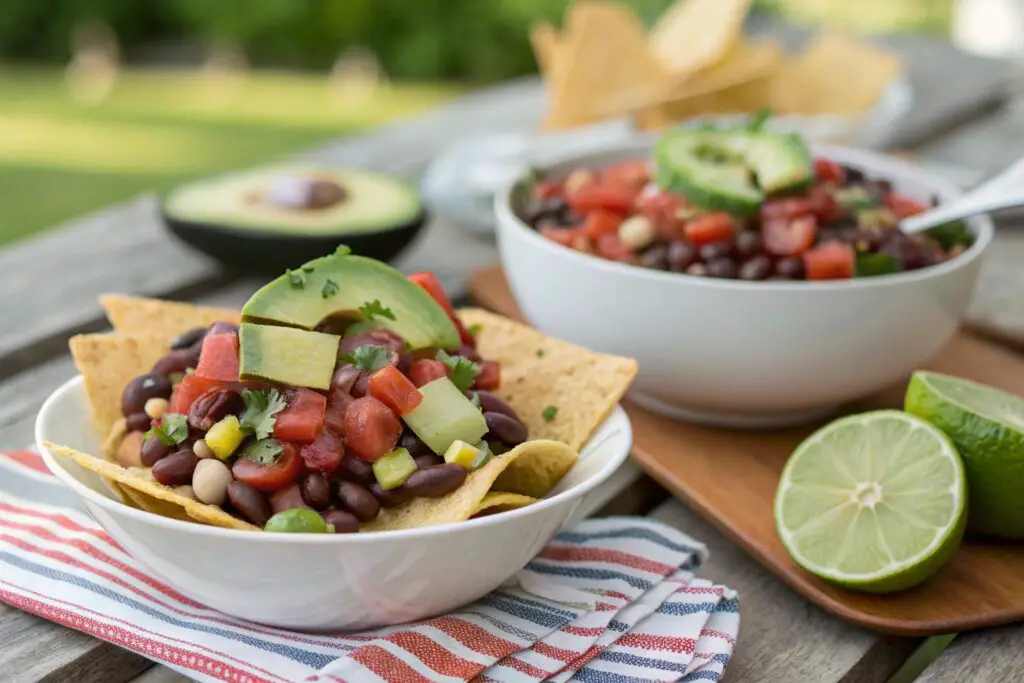Southwest dense bean salad served on tortilla chips