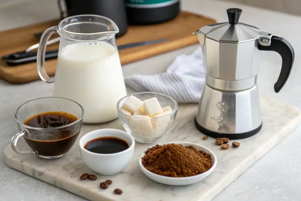 Cloud coffee ingredients on kitchen counter