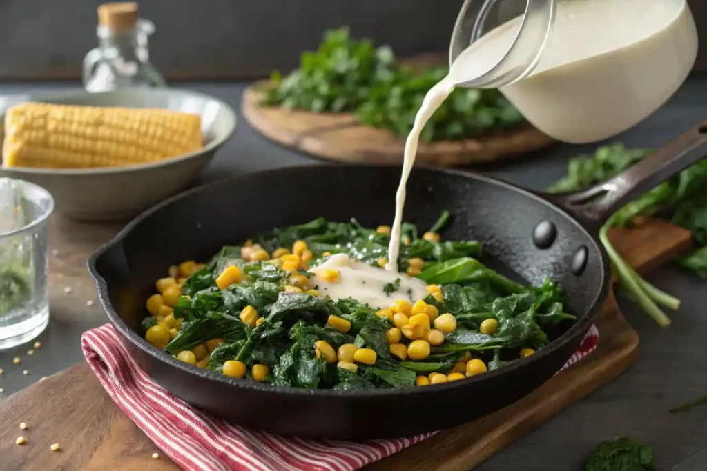 Coconut milk being added to sautéed corn and greens