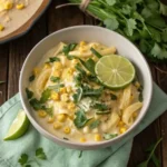 Creamy corn pasta with coconut milk and greens in a bowl