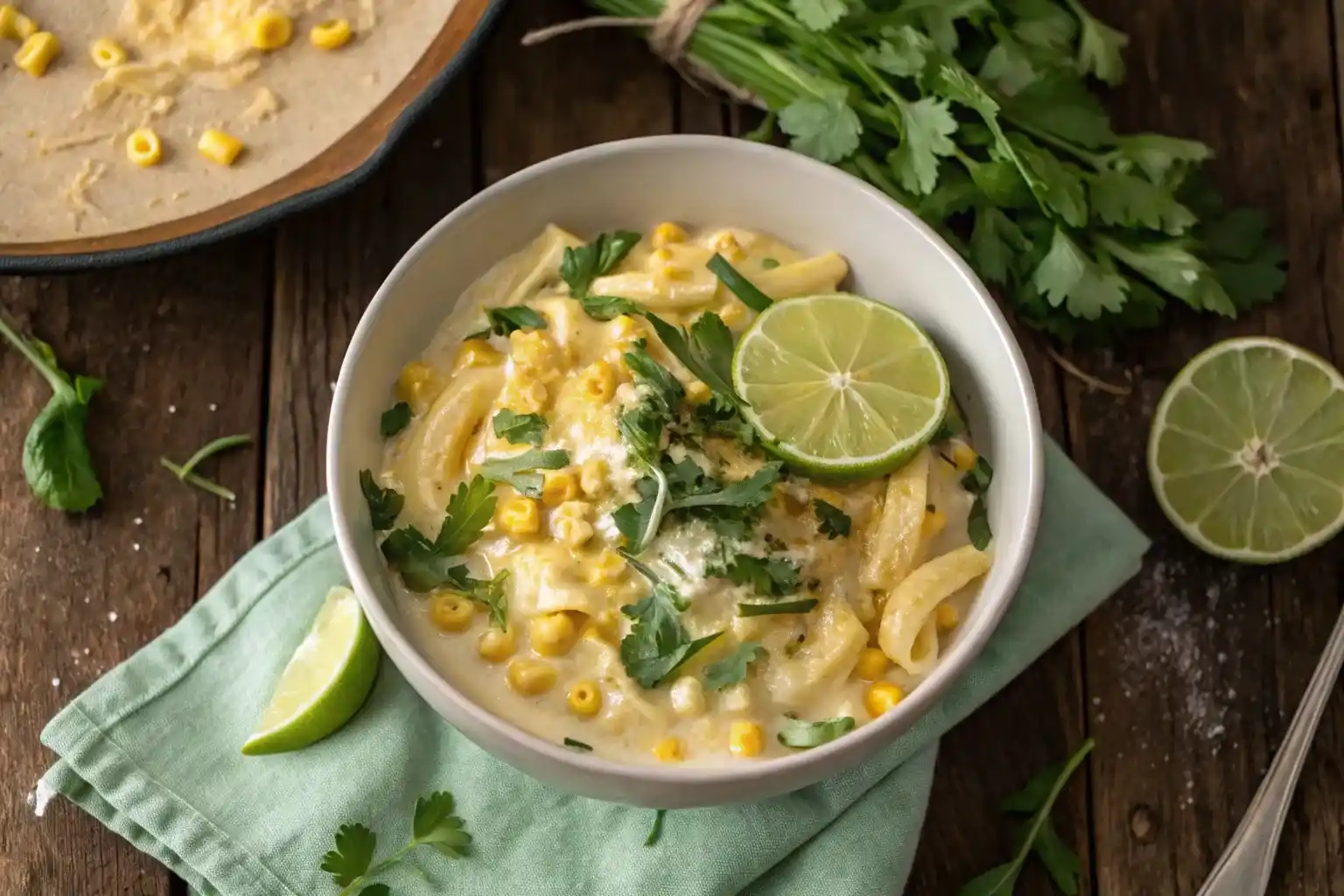Creamy corn pasta with coconut milk and greens in a bowl