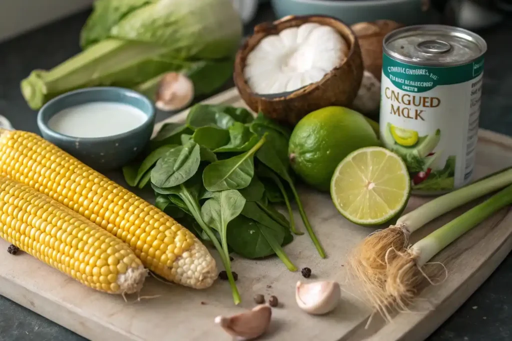 Ingredients for creamy corn pasta with coconut milk
