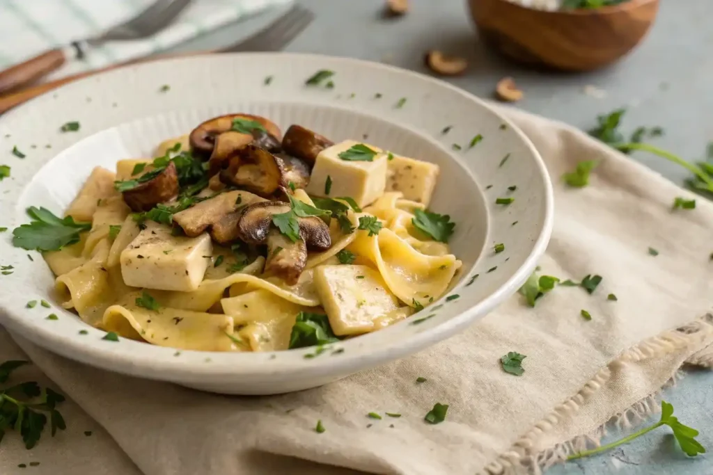 Creamy corn pasta with mushrooms and tofu
