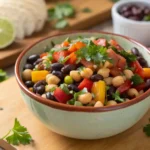 dense bean salad in a vibrant ceramic bowl