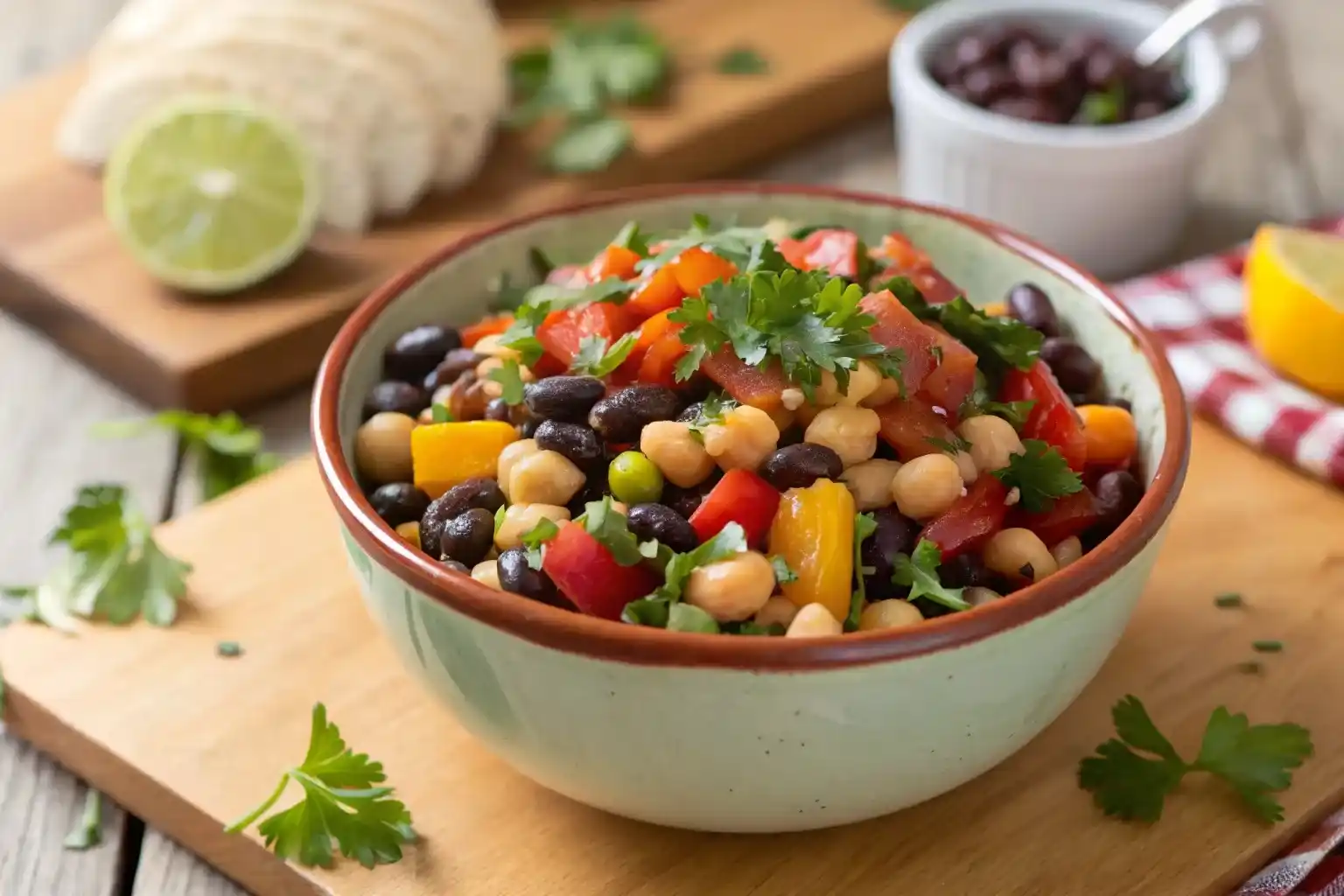 dense bean salad in a vibrant ceramic bowl