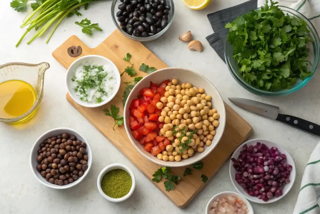 ingredients for dense bean salad laid out on counter
