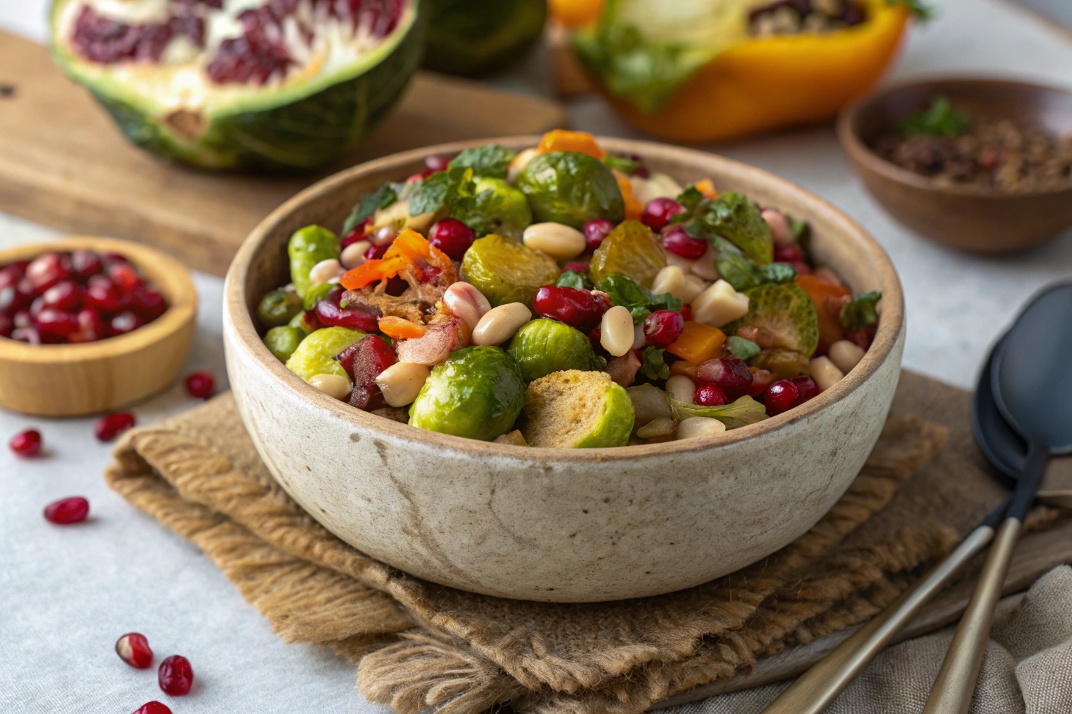 Dense Bean Salad Violet Recipe with Roasted Brussels and Pomegranate