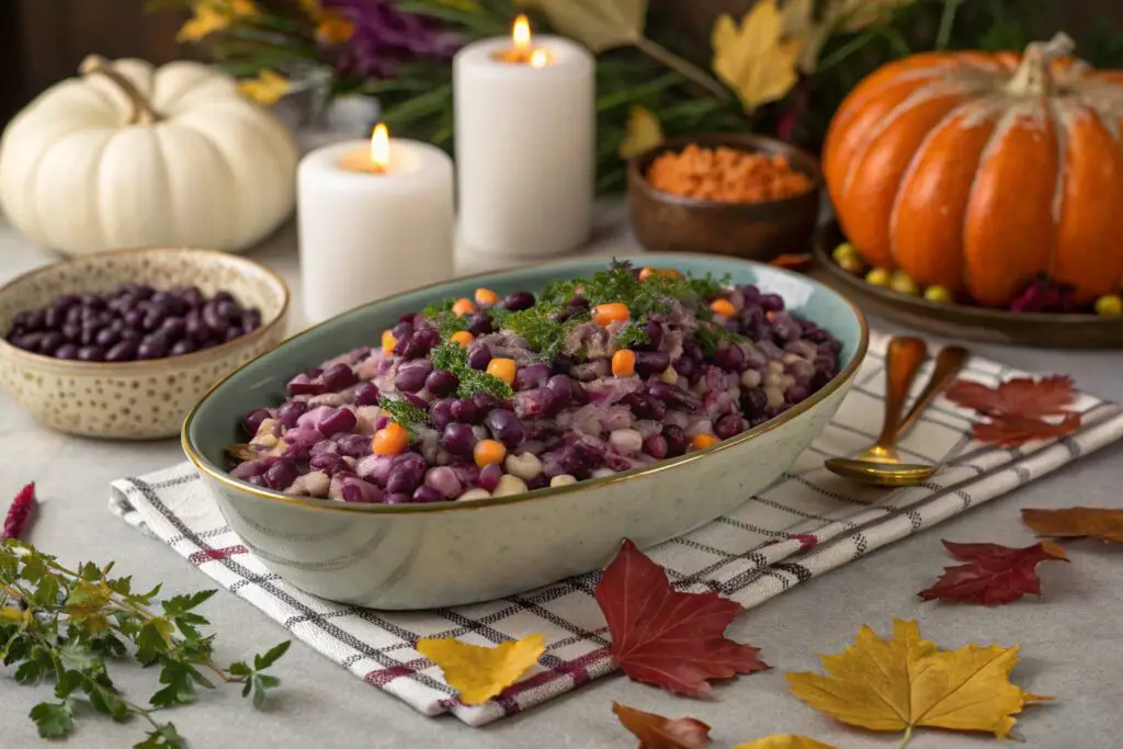 Dense Bean Salad Violet Recipe with Roasted Brussels and Pomegranate