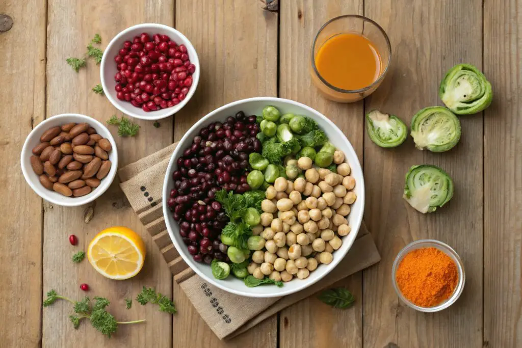 Dense Bean Salad Violet Recipe with Roasted Brussels and Pomegranate