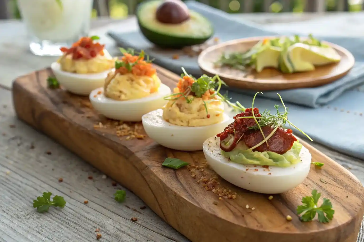 Deviled egg flight ideas with six unique gourmet toppings