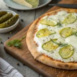 Dill pickle pizza recipe with mozzarella and white sauce