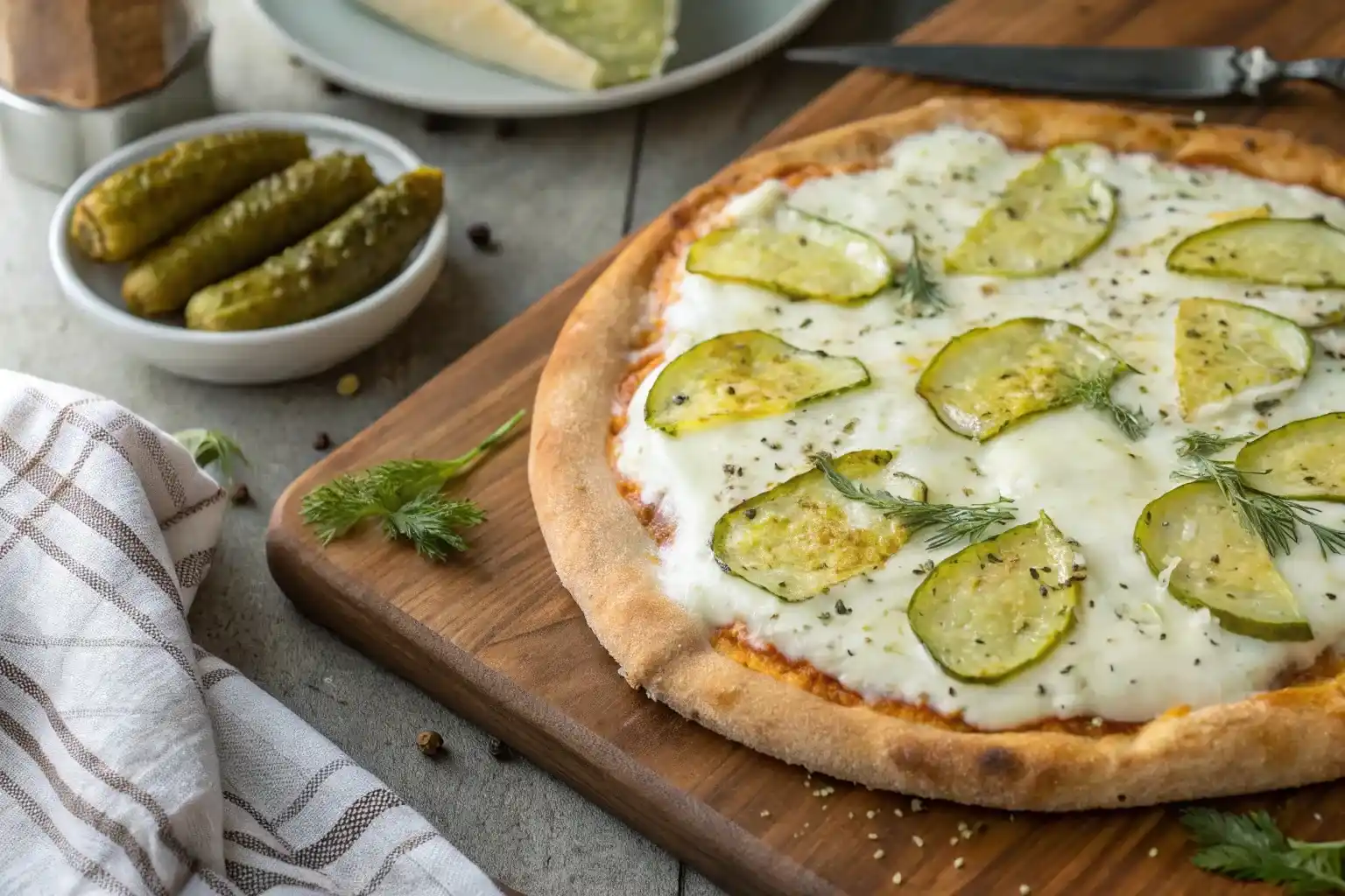 Dill pickle pizza recipe with mozzarella and white sauce