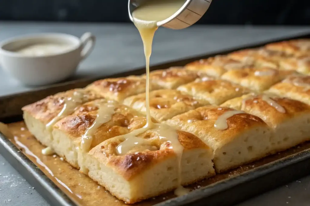 Drizzling glaze on sweet cinnamon focaccia