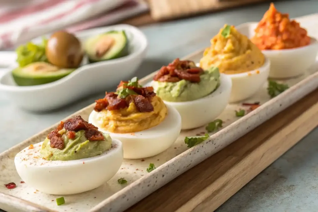 5 deviled egg variations on egg flight tray