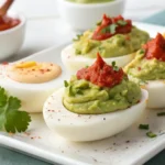 Hard boiled eggs with guacamole, hummus, and sriracha