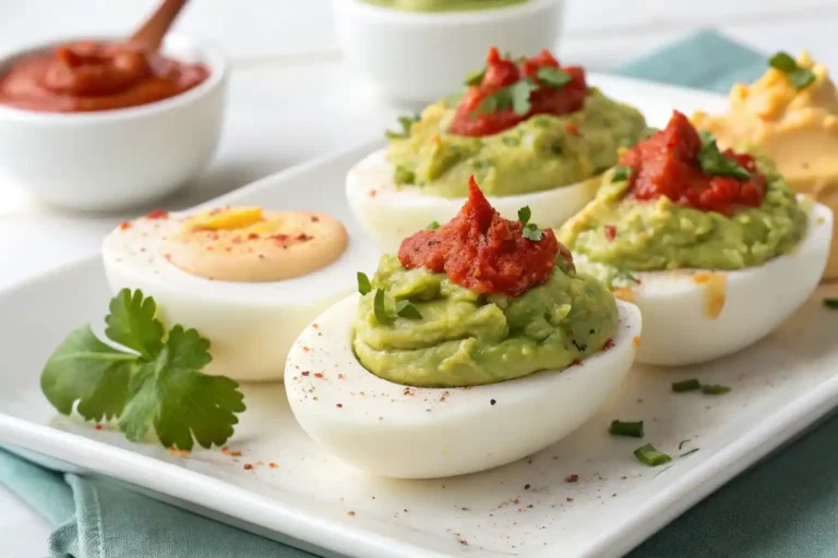 Hard boiled eggs with guacamole, hummus, and sriracha