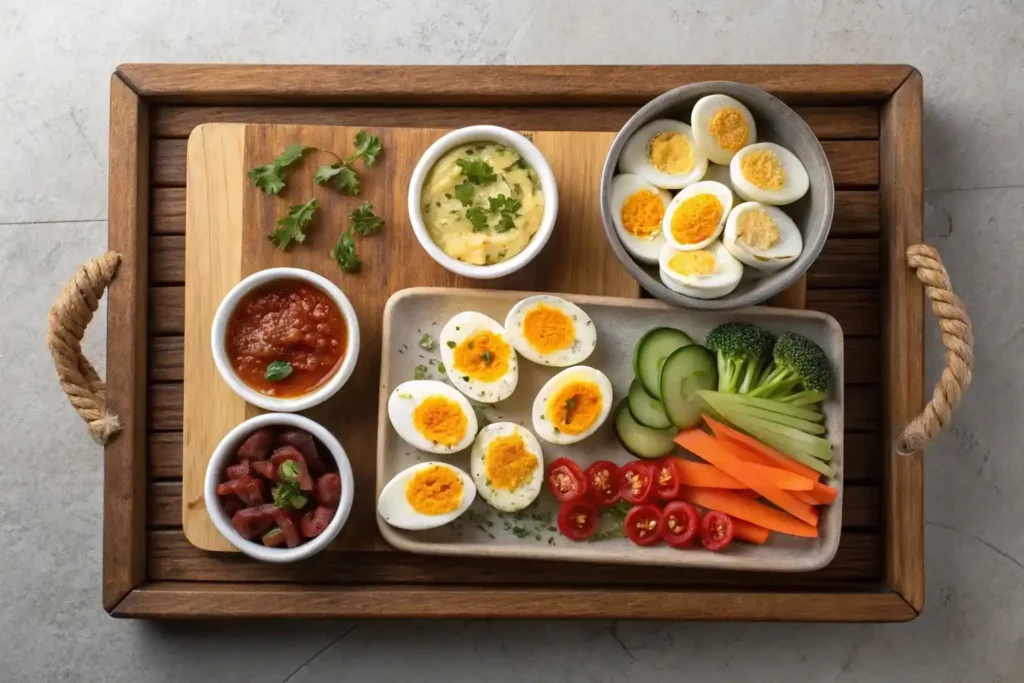 Hard boiled egg flight on wooden charcuterie tray
