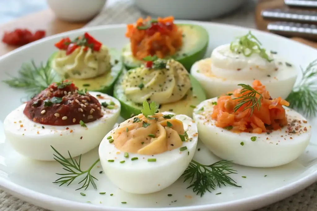 Six egg halves with creative toppings for egg flights recipe