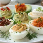 Six egg halves with creative toppings for egg flights recipe