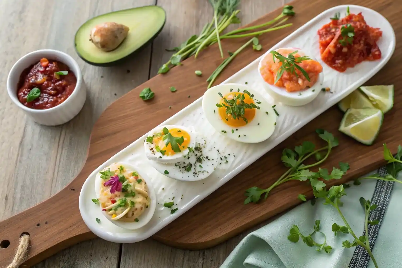 Six-flavor egg flights recipe displayed on a brunch board