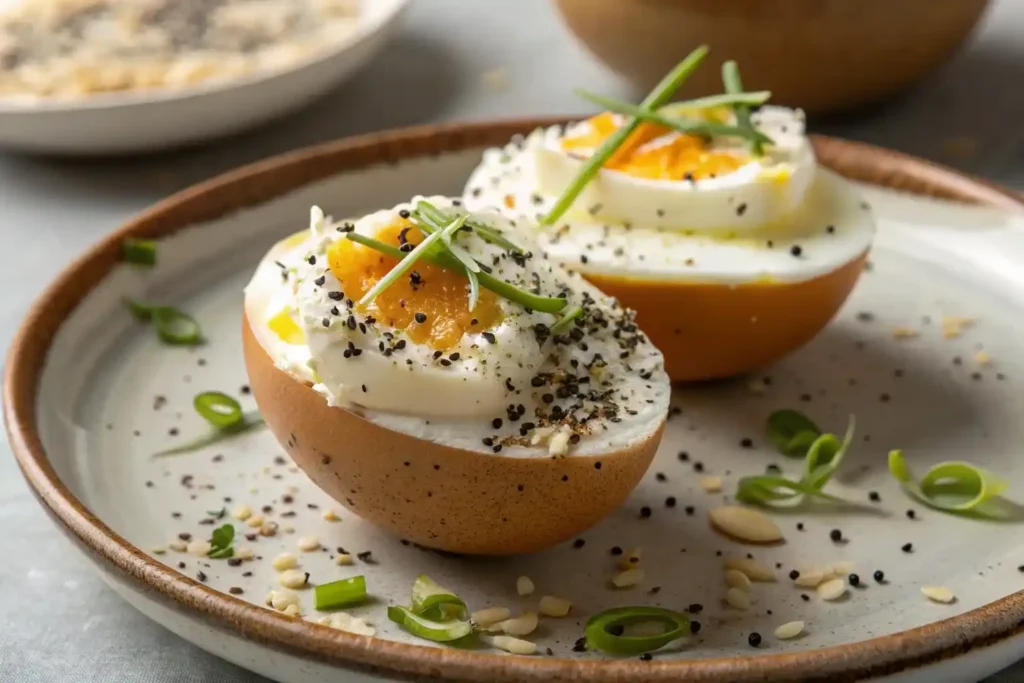 Halved boiled egg with cream cheese and seasoning