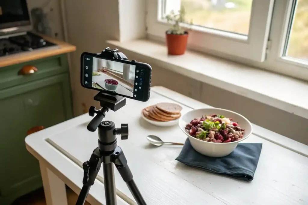 Filming setup for Violet Witchel’s TikTok bean salad recipe