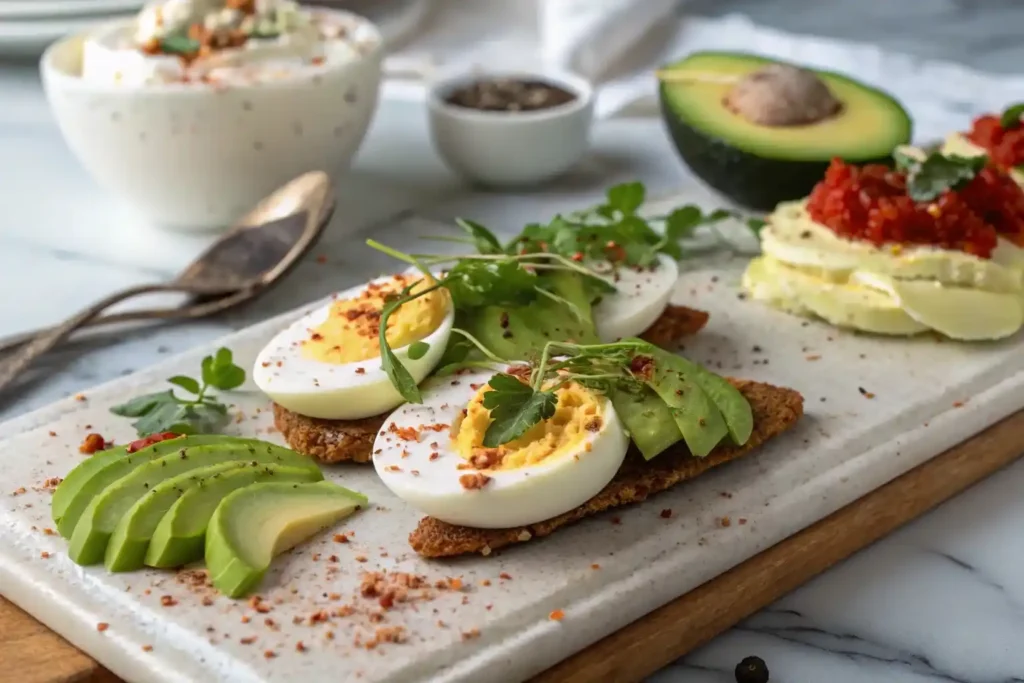 Healthy egg flight with avocado and Greek yogurt