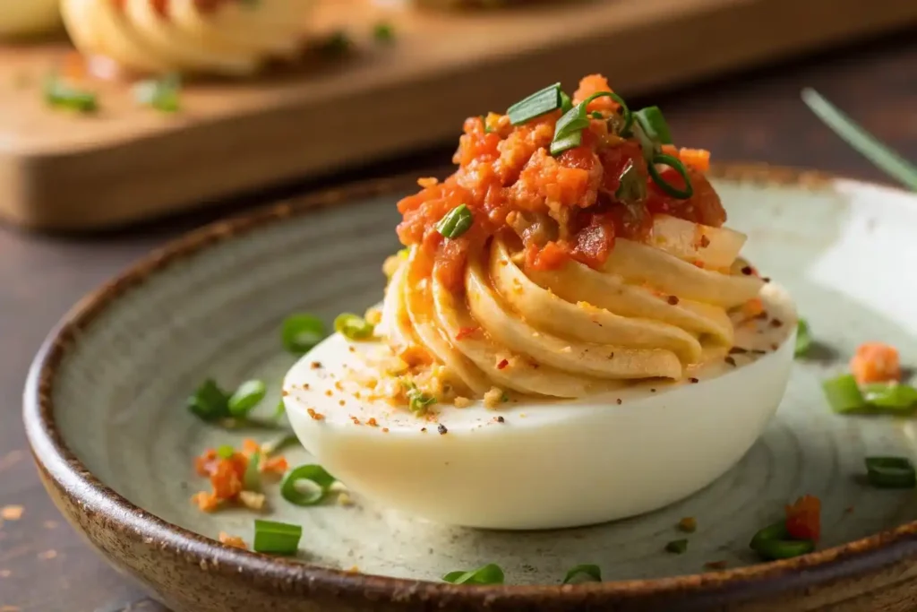 Deviled egg topped with kimchi and mayo
