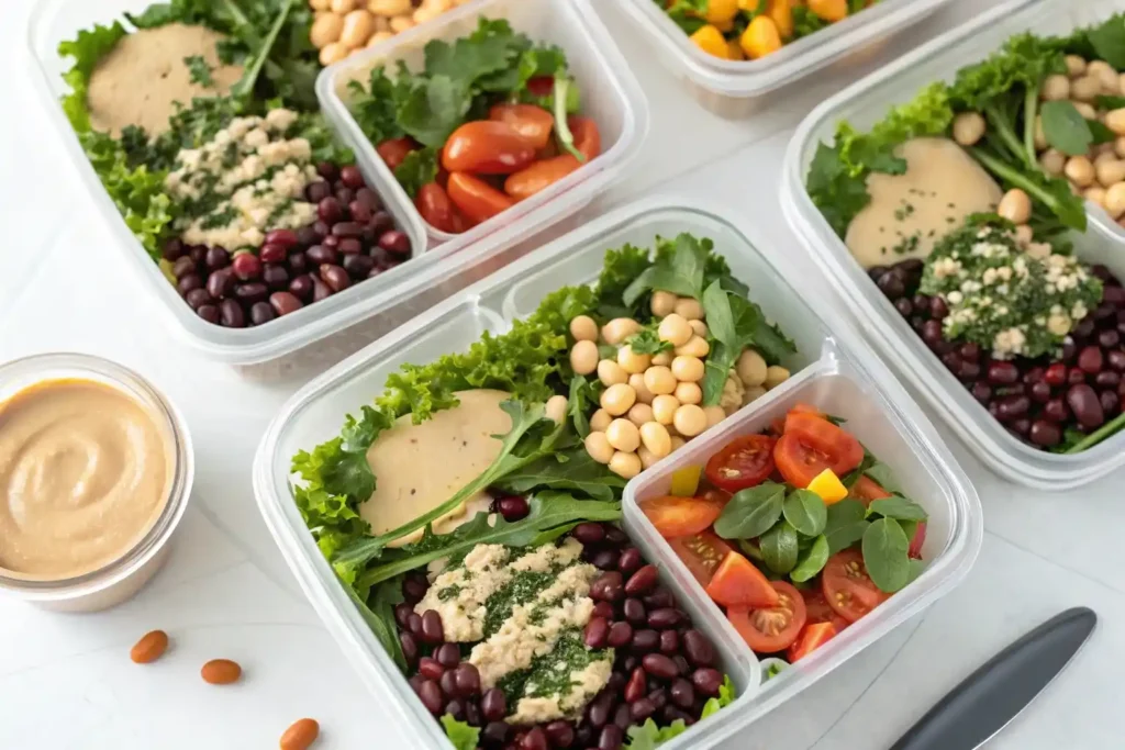 Vegan bean salad meal prep with tahini dressing