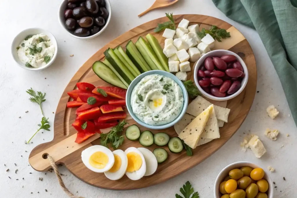 Mediterranean themed boiled egg flight with fresh toppings
