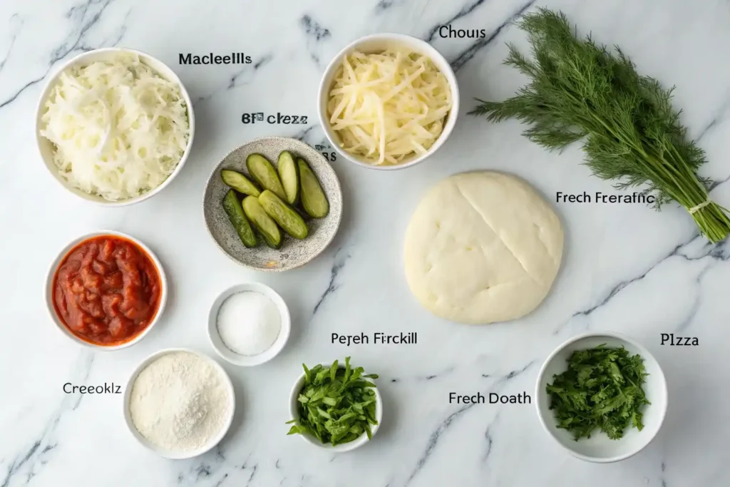 Ingredients for making a dill pickle pizza at home