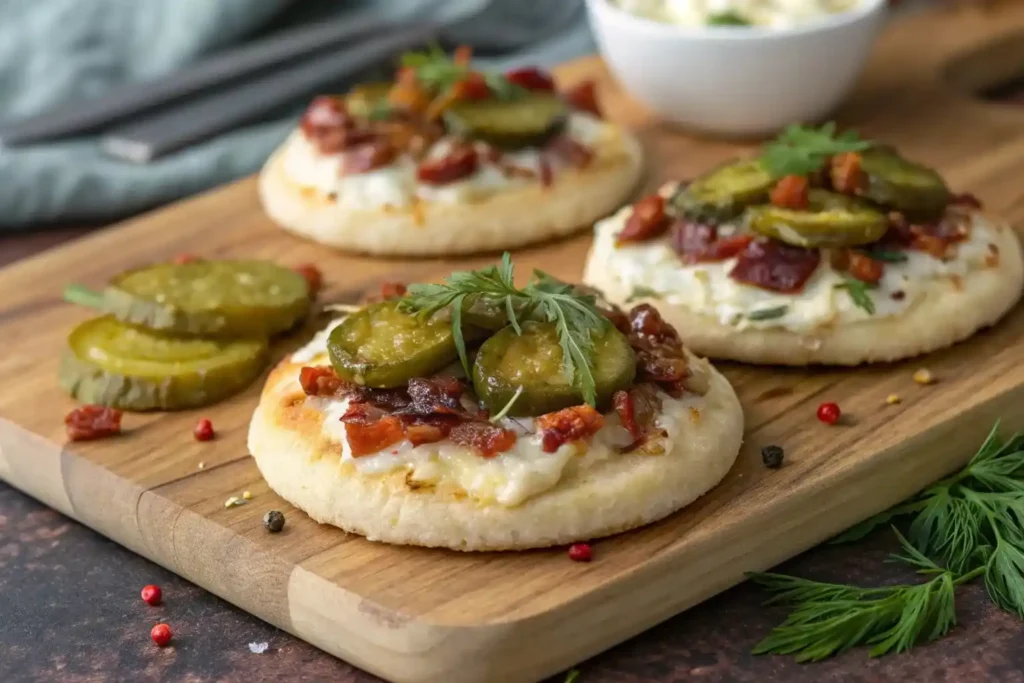 Mini dill pickle pizzas with topping variations