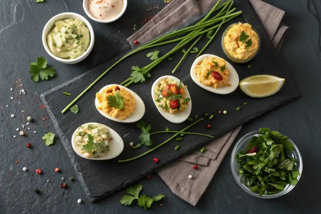 Plated deviled egg flight board with assorted toppings