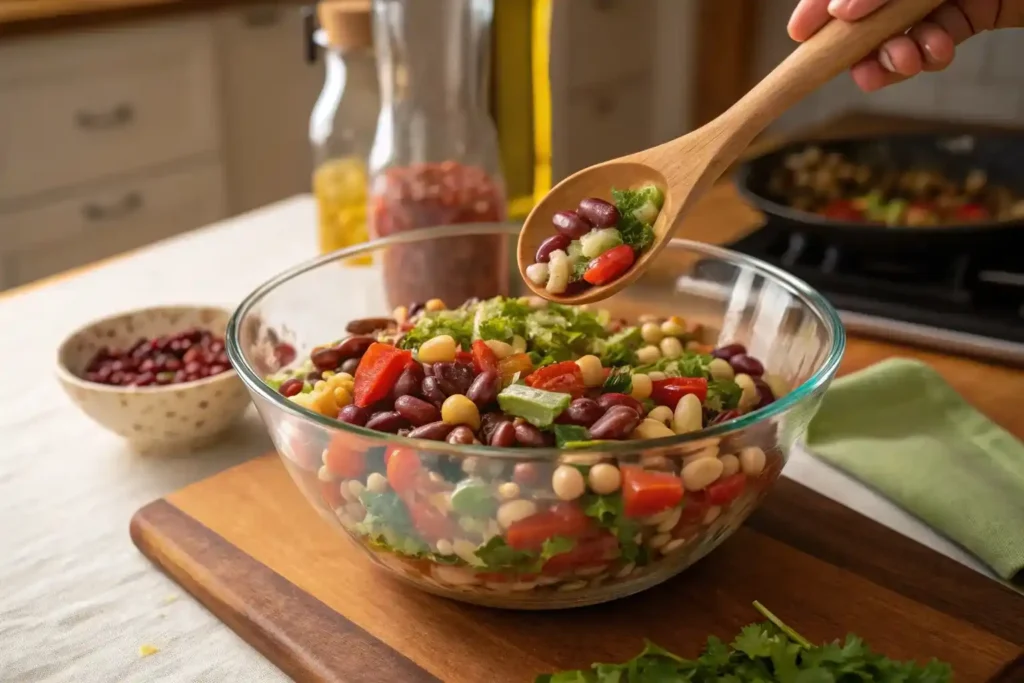 mixing dense bean salad in glass bowl