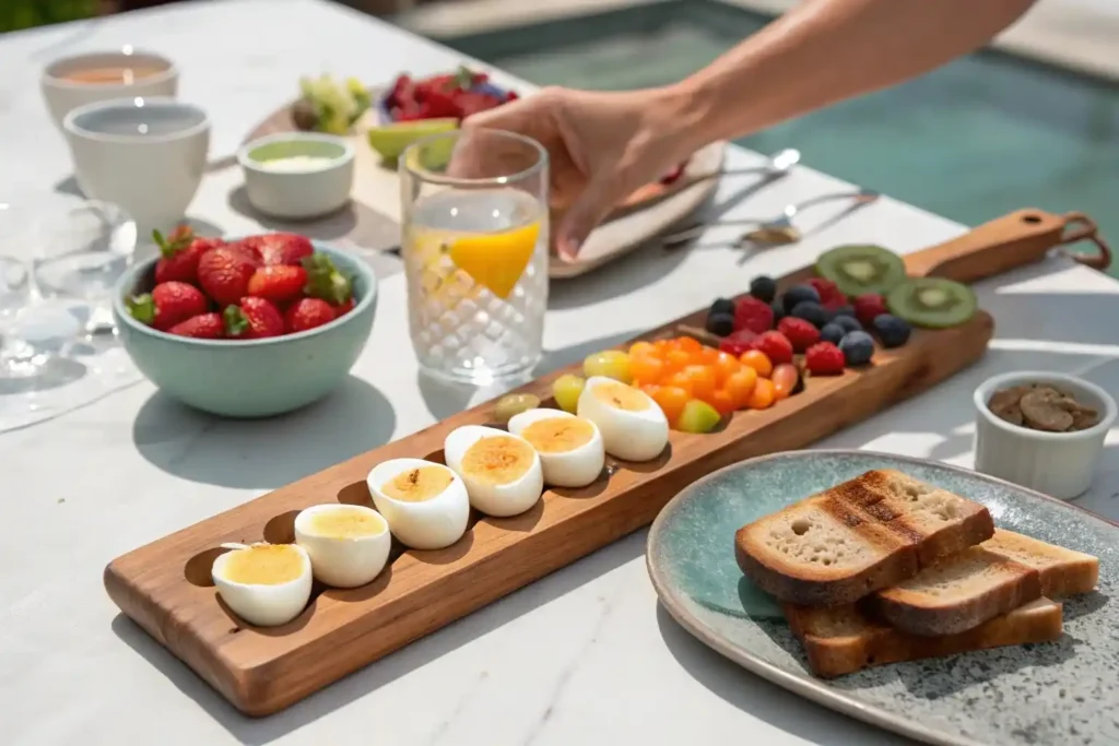 Egg flights recipe served with sides on brunch board