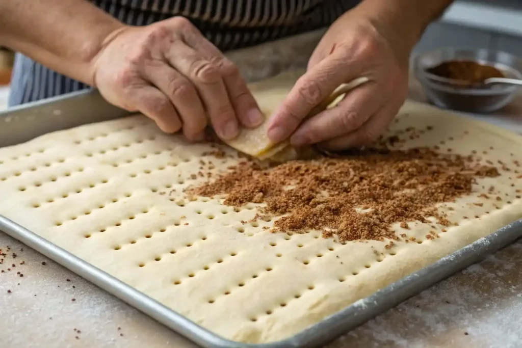 Shaping glazed cinnamon focaccia dough
