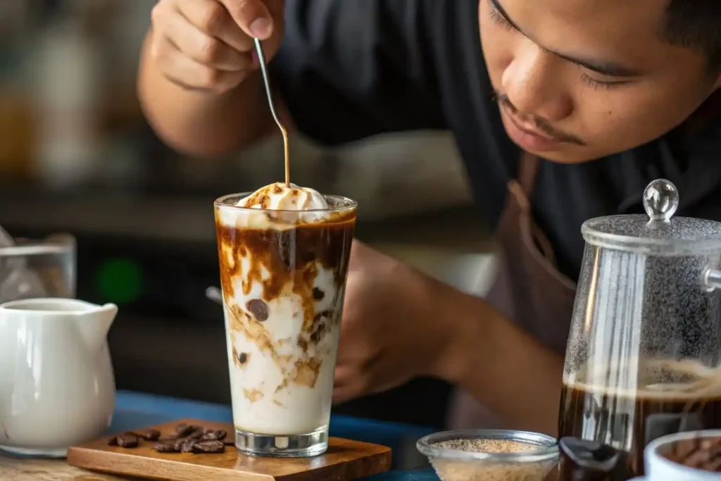 Stirring cloud coffee layers in glass